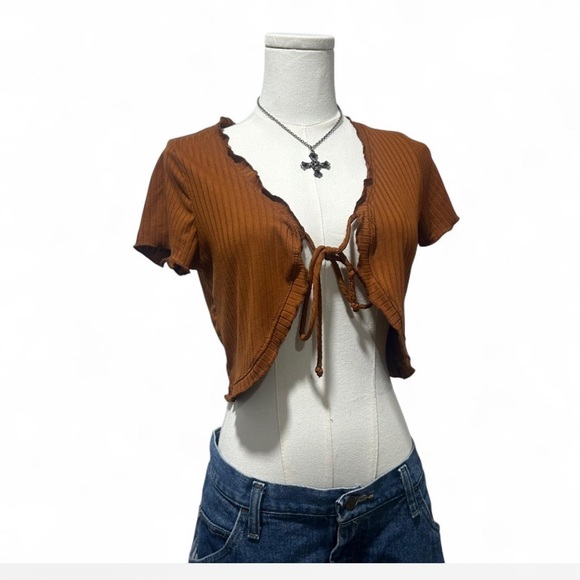 21 Saints Tops - Cropped Tie Front Cardigan Burnt Orange Brown Ribbed Short-sleeved Size XS